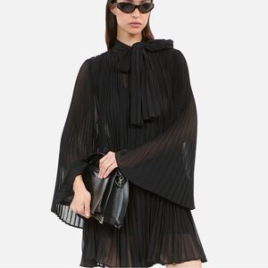 THE KOOPLES SHORT BLACK PLEATED DRESS WITH SLIP, V NECKLINE + TIE AT FRONT NECK
